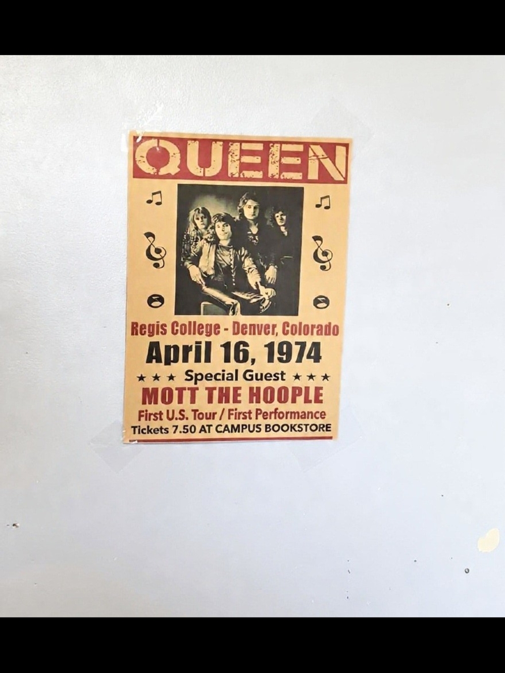 Queen Concert Poster April 16, 1974 - Red and Cream 12"x17"